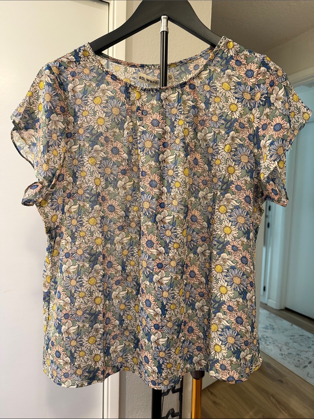 sm wardrobe Floral Short-Sleeve Blouse in Blue & Yellow size XL NWT
